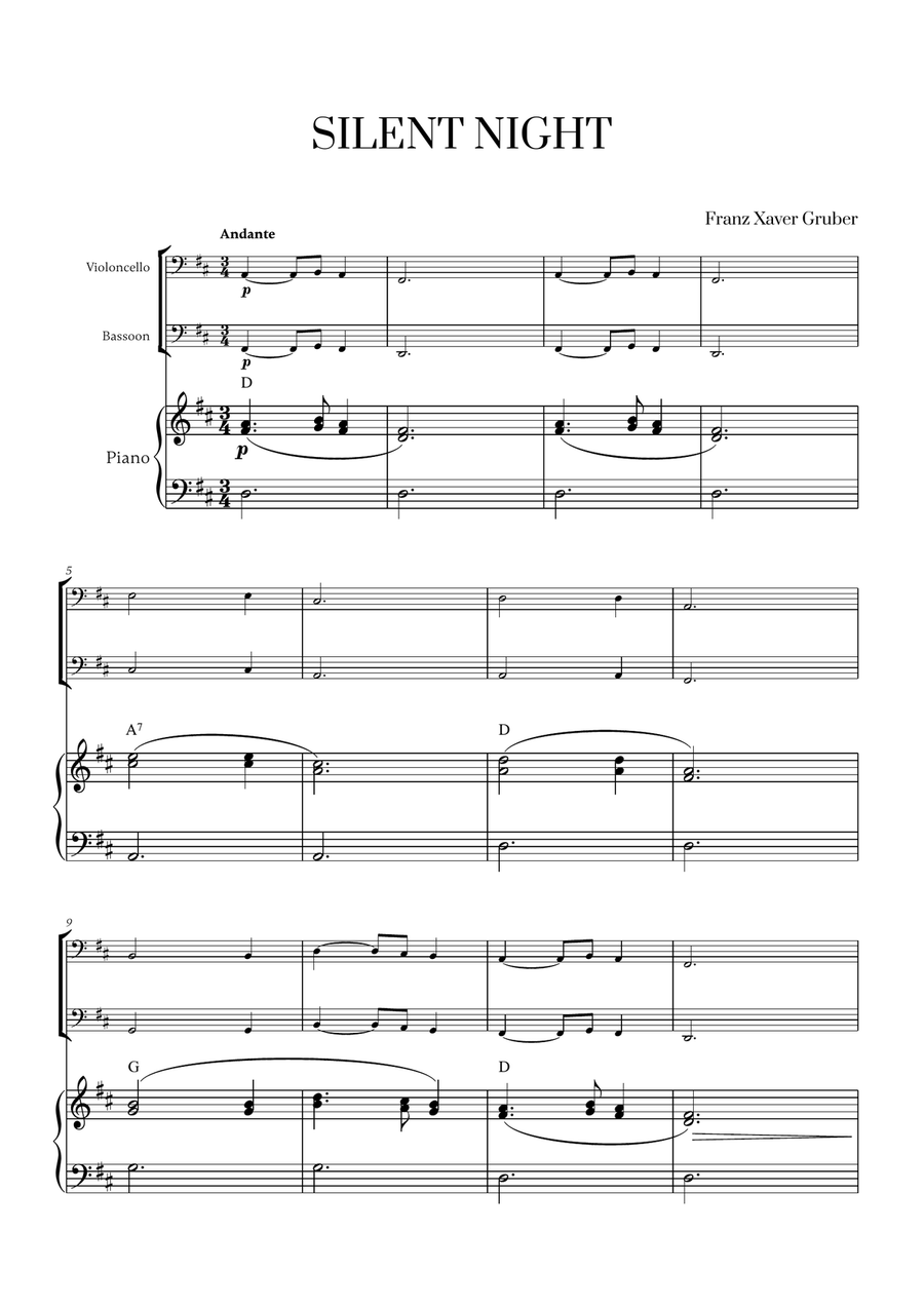 Silent Night (with Chords) (for Cello, Bassoon and Piano) Bassoon Solo scores gallery preview page 1