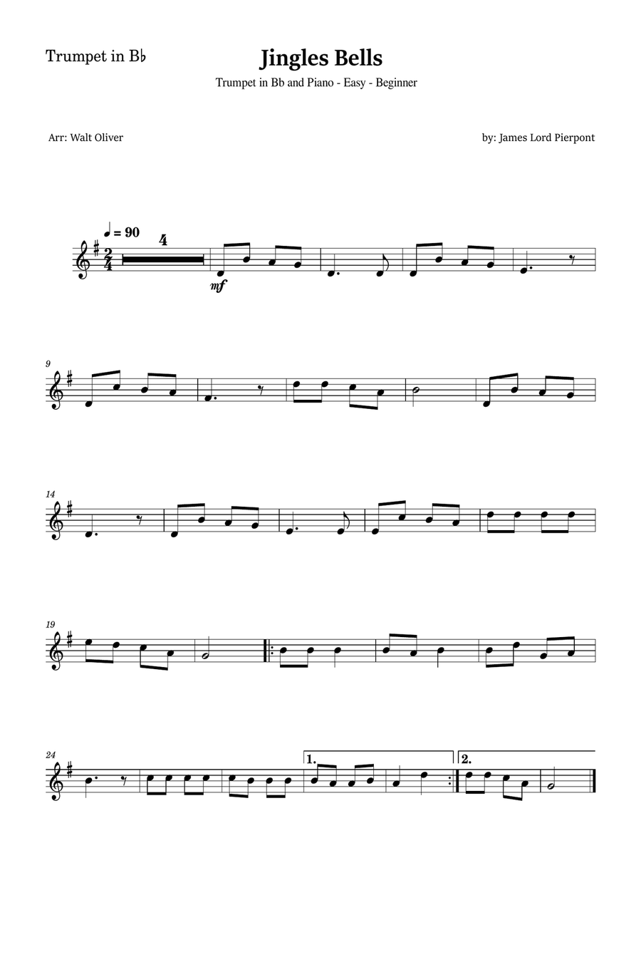 Jingle Bells for Trumpet and Piano (Easy - beginner) B-Flat Trumpet scores gallery preview page 3