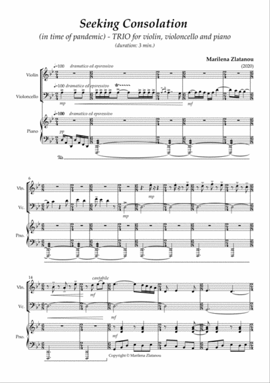 SEEKING CONSOLATION (in time of pandemic) TRIO for violin, violloncello and piano image number null