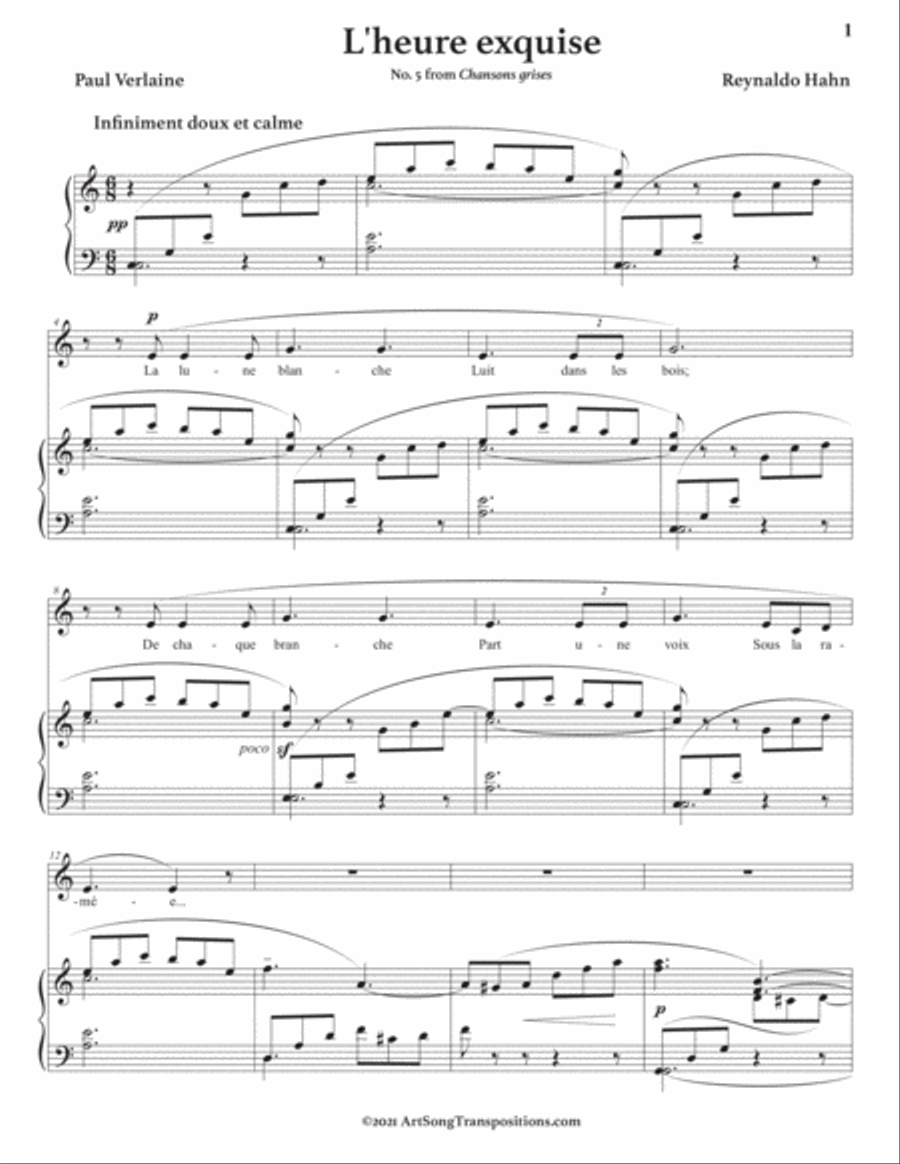 HAHN: L'heure exquise (transposed to C major) Voice scores gallery preview page 2