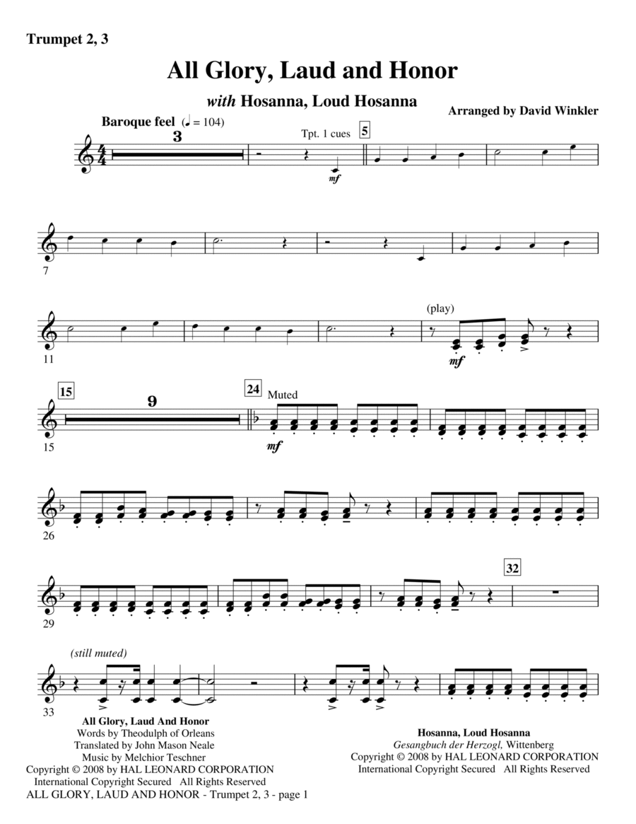 All Glory, Laud, And Honor (with Hosanna, Loud Hosanna) - Bb Trumpet 2,3 B-Flat Trumpet scores gallery preview page 1
