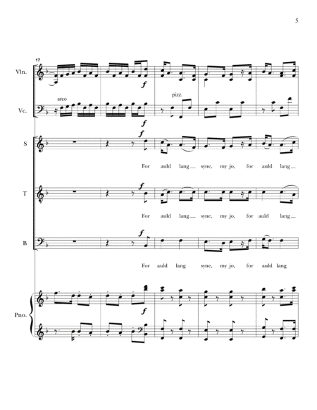 Auld Lang Syne for Violin, Cello, Piano, and 3-part (STB) Chorus. Score and Parts image number null