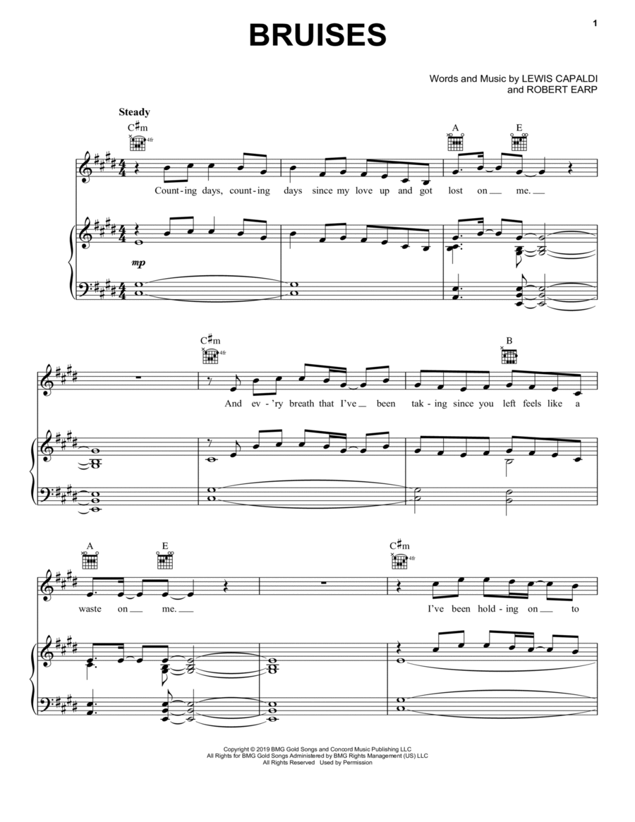 Bruises Piano, Vocal, Guitar scores gallery preview page 1