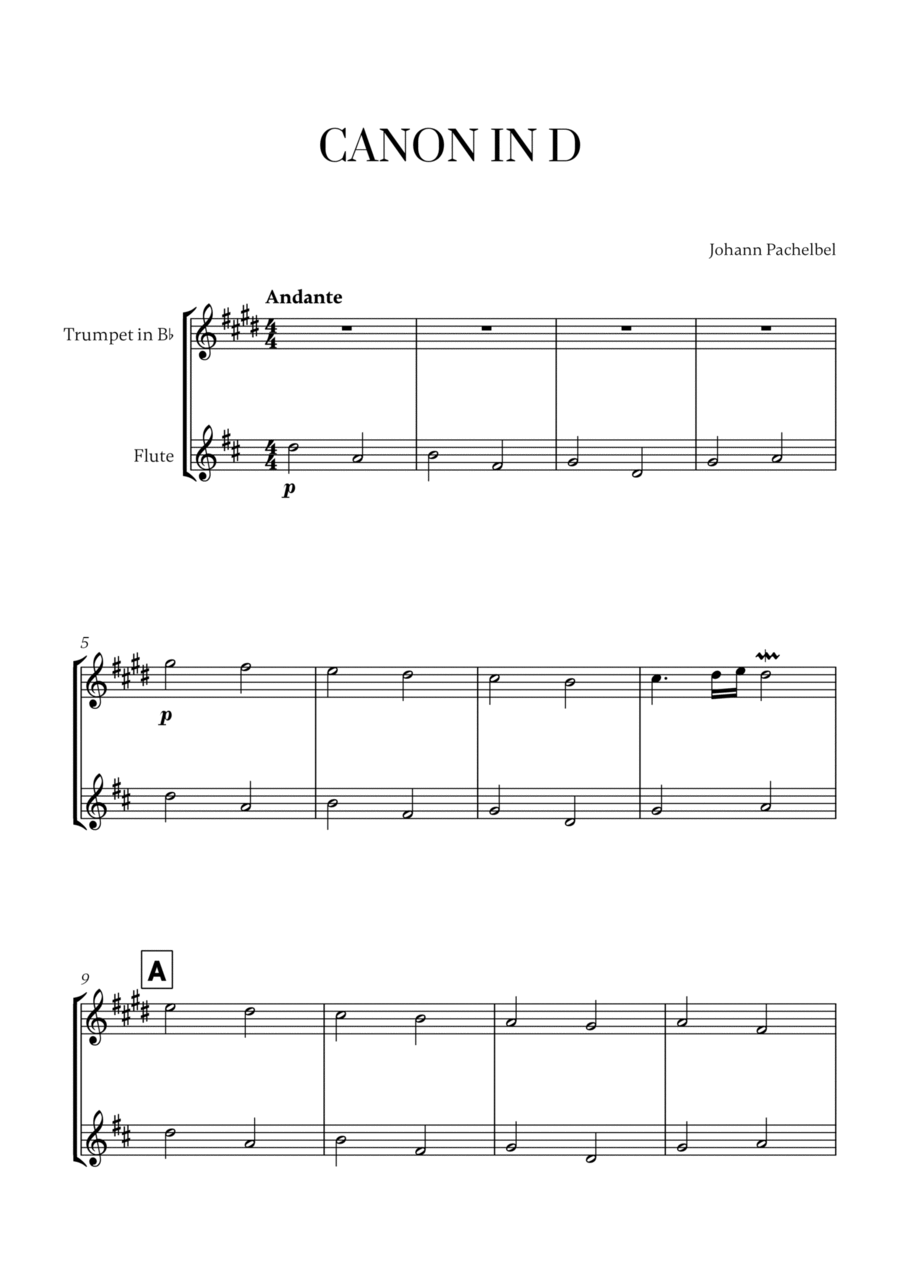 Johann Pachelbel - Canon in D (for Trumpet and Flute) Flute scores gallery preview page 1