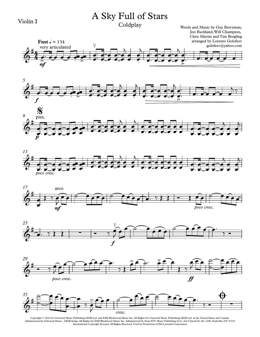 A Sky Full Of Stars String Quartet scores gallery preview page 1