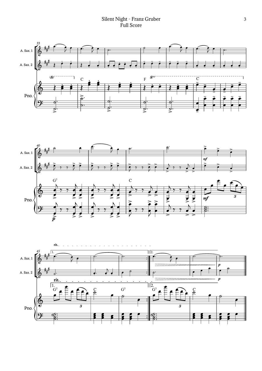 Silent Night for Alto Sax Duet with Piano Woodwind Duet scores gallery preview page 3