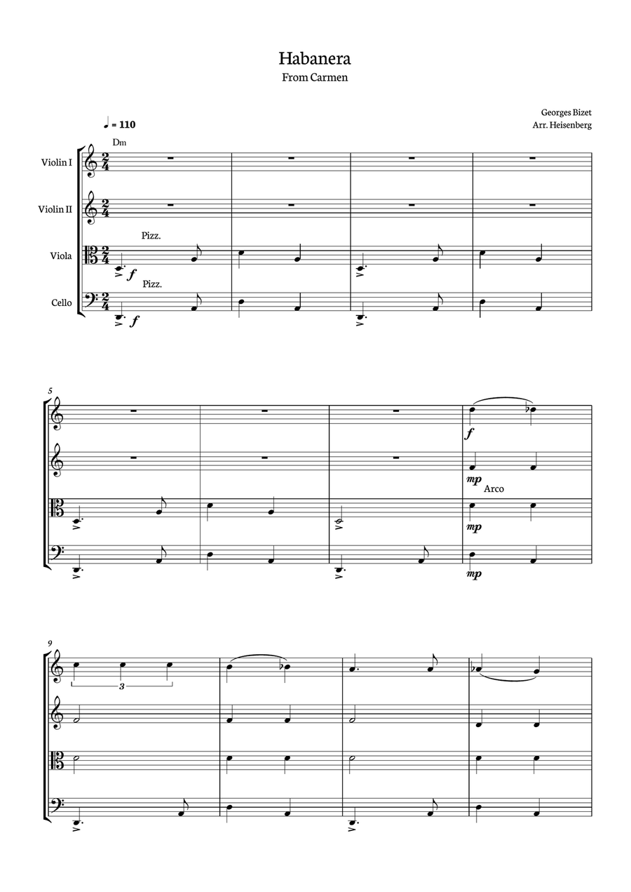Habanera -Carmen - Georges Bizet, for String Quartet in a easy version with chords - Score and parts String Quartet scores gallery preview page 1