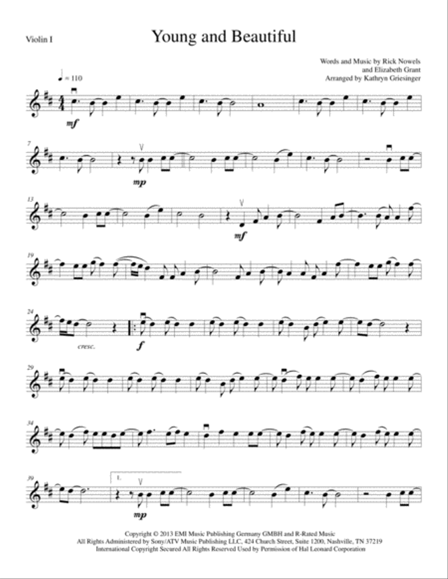 Young And Beautiful Young And Beautiful String Quartet scores gallery preview page 1