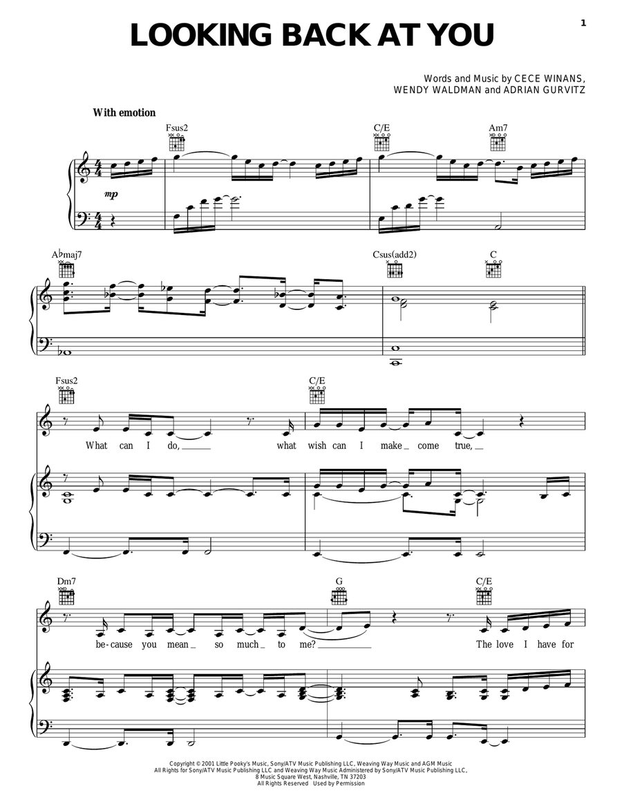 Looking Back At You Piano, Vocal, Guitar scores gallery preview page 1