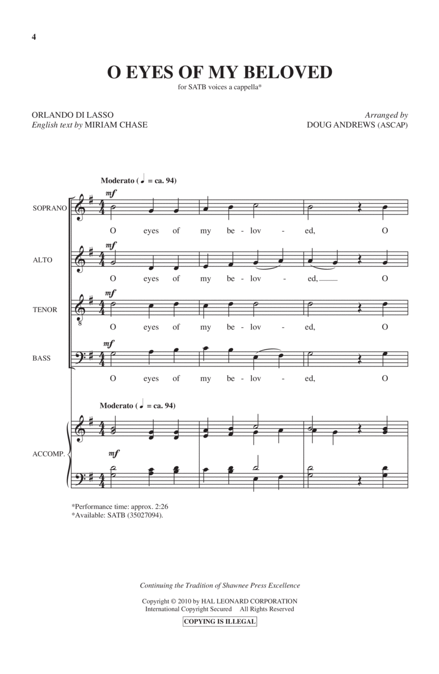 O Eyes Of My Beloved 4-Part scores gallery preview page 1