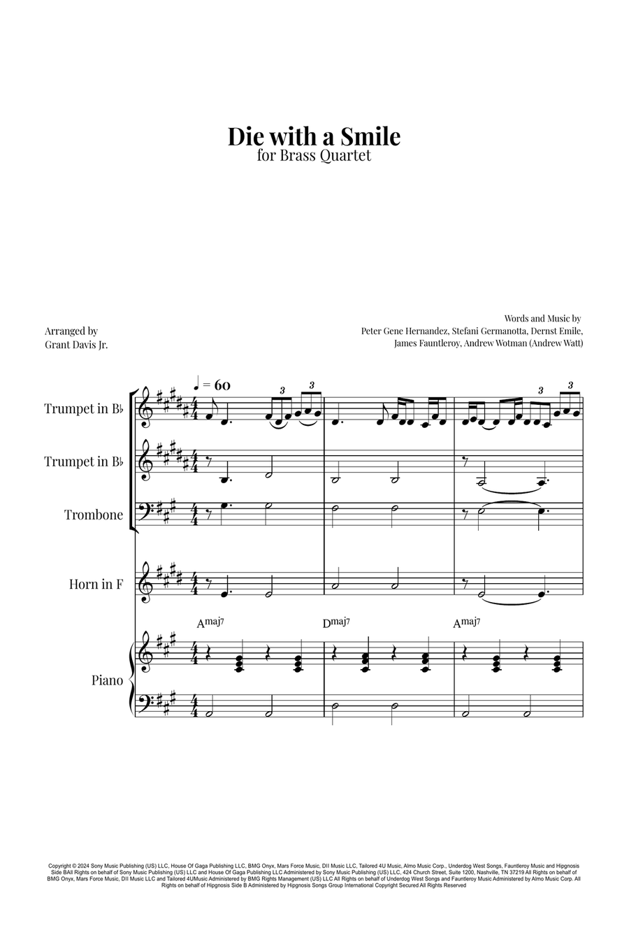 Die With A Smile Die With A Smile Brass Quartet scores gallery preview page 1