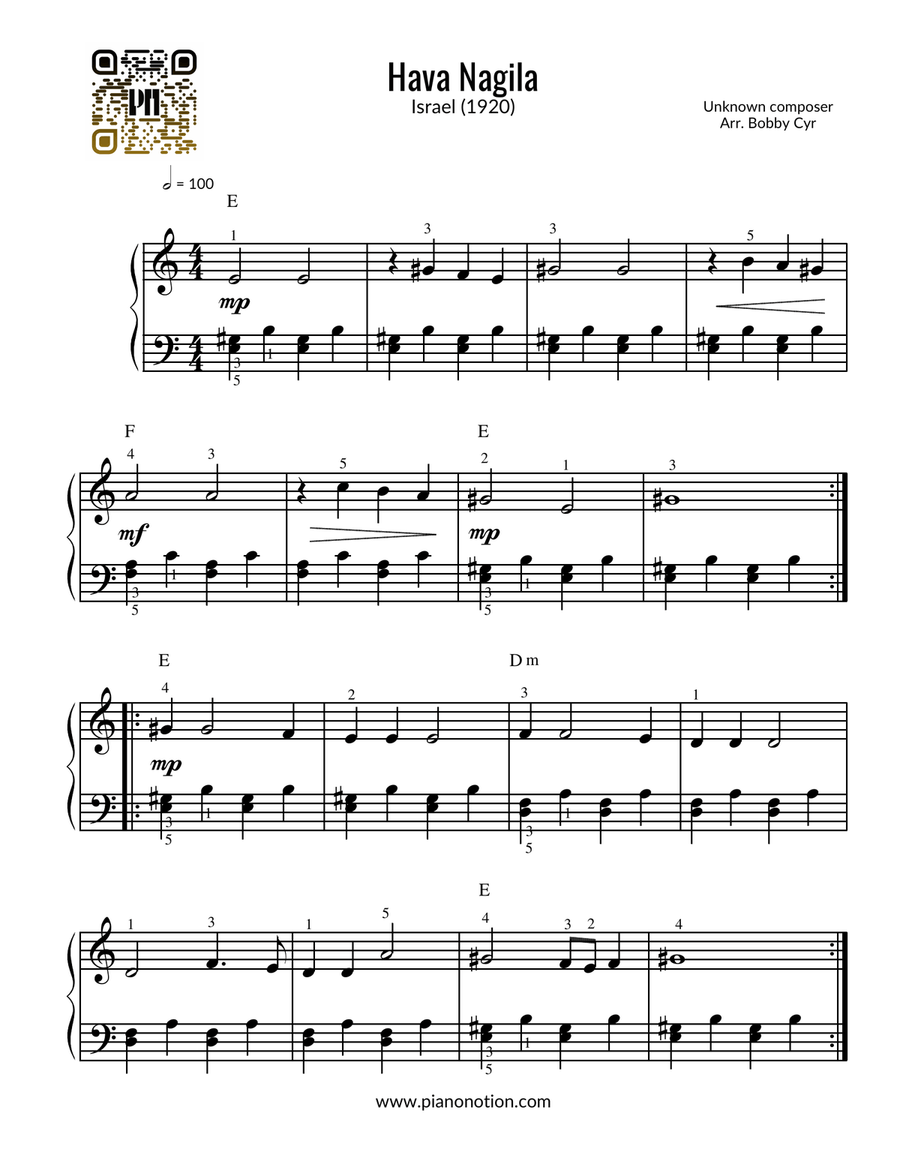 Hava Nagila (Easy Piano Solo) Easy Piano scores gallery preview page 1