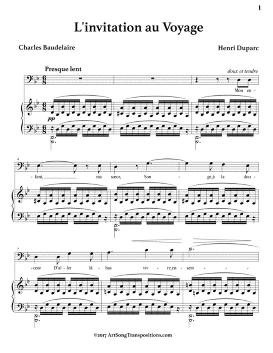 DUPARC: L'invitation au Voyage (transposed to G minor, bass clef)