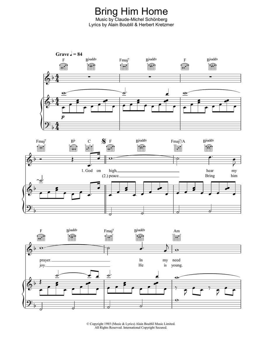 Bring Him Home (from Les Miserables) Piano, Vocal, Guitar scores gallery preview page 1