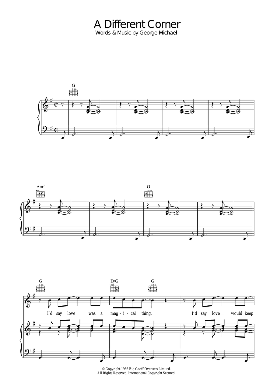 A Different Corner Piano, Vocal scores gallery preview page 1