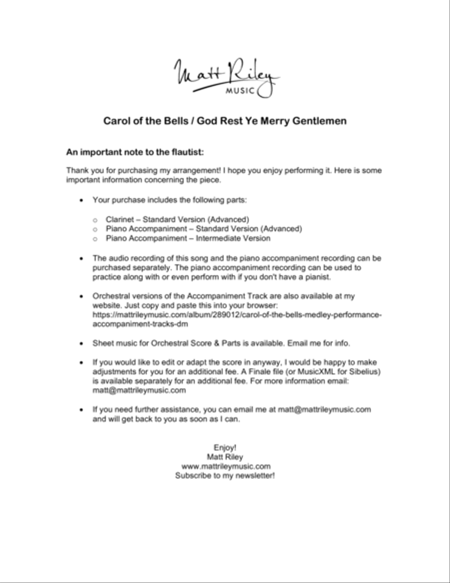 Carol of the Bells / God Rest Ye Merry Gentlemen Clarinet Solo scores gallery preview page 1