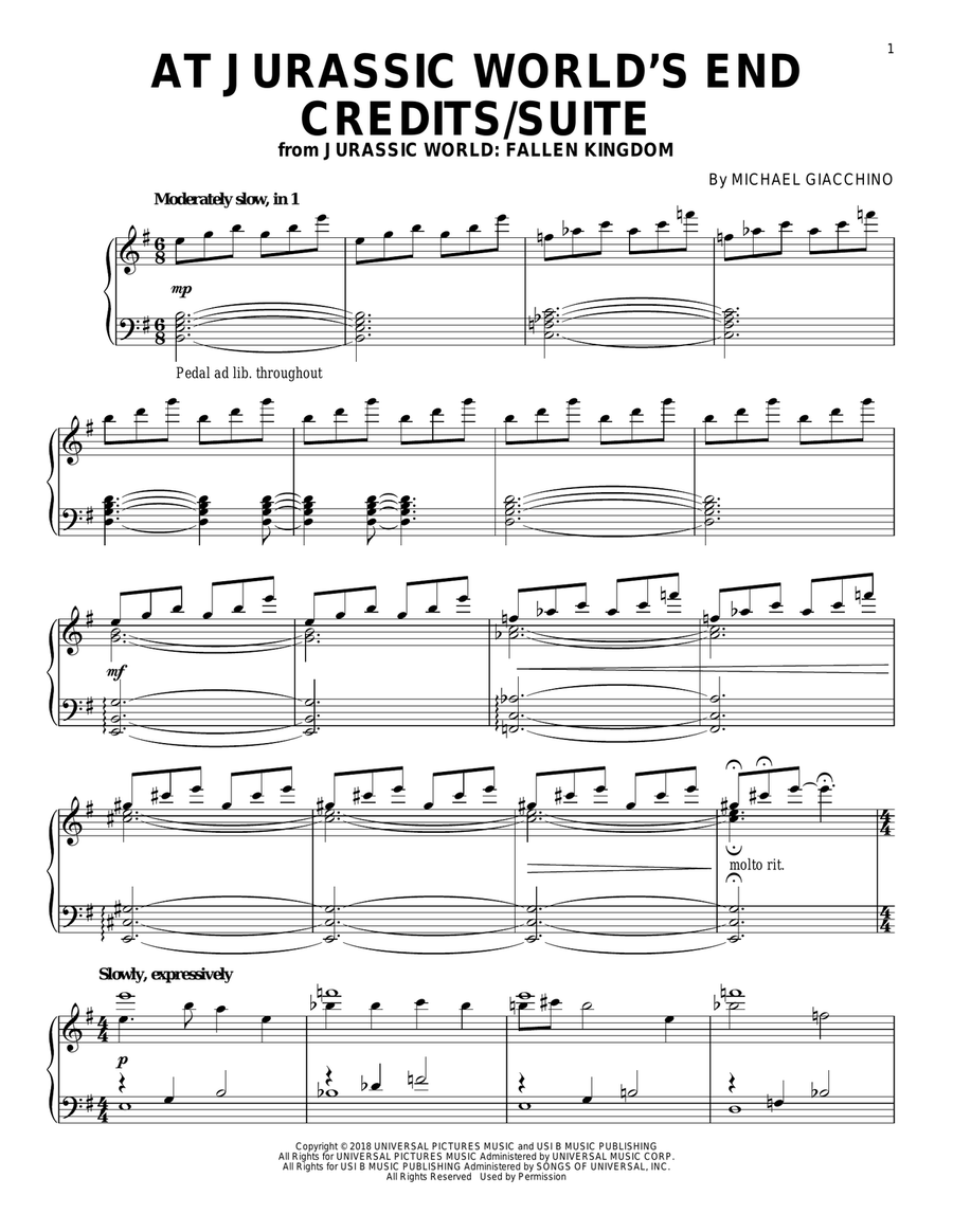 At Jurassic World's End Credits/Suite (from Jurassic World: Fallen Kingdom) Piano Solo scores gallery preview page 1