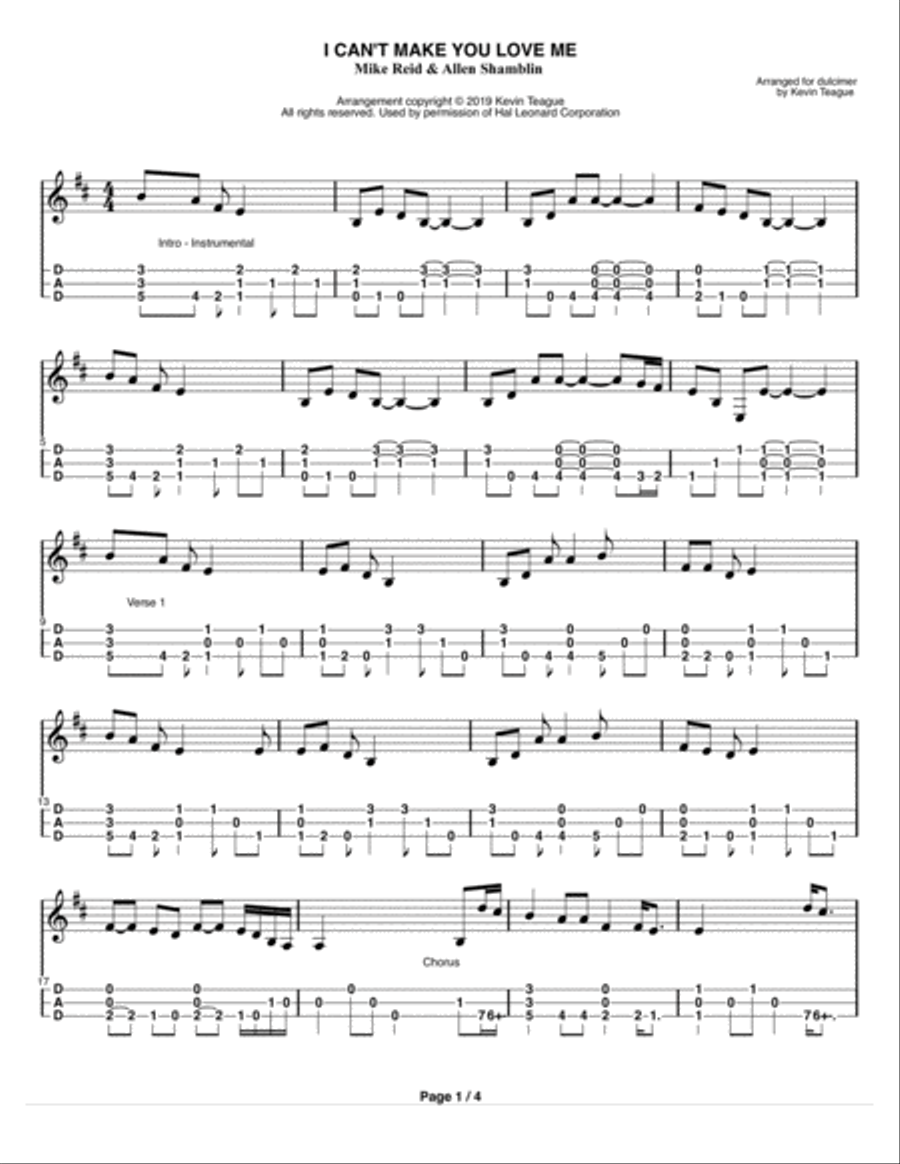 I Can't Make You Love Me Dulcimer scores gallery preview page 1