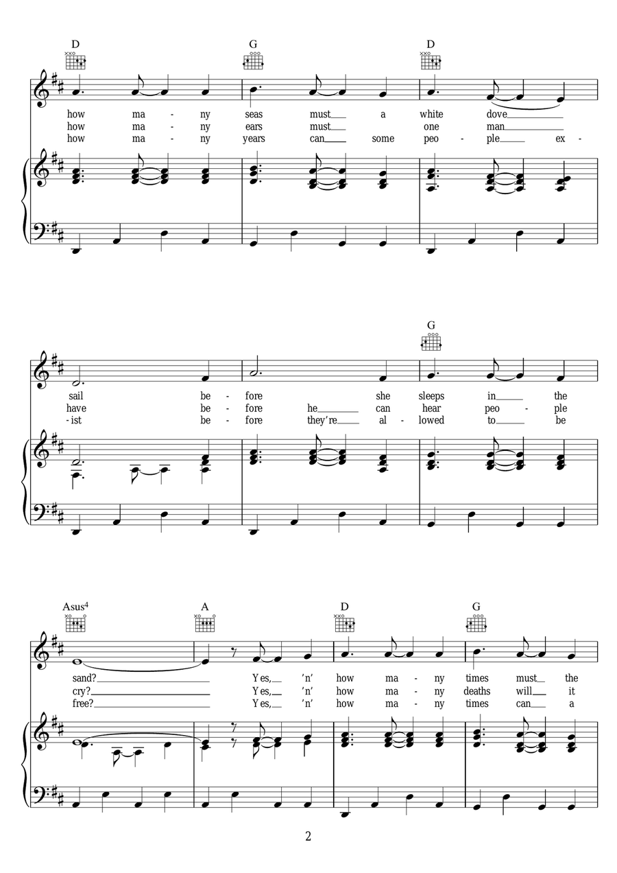 Blowin' In The Wind Piano, Vocal, Guitar scores gallery preview page 2