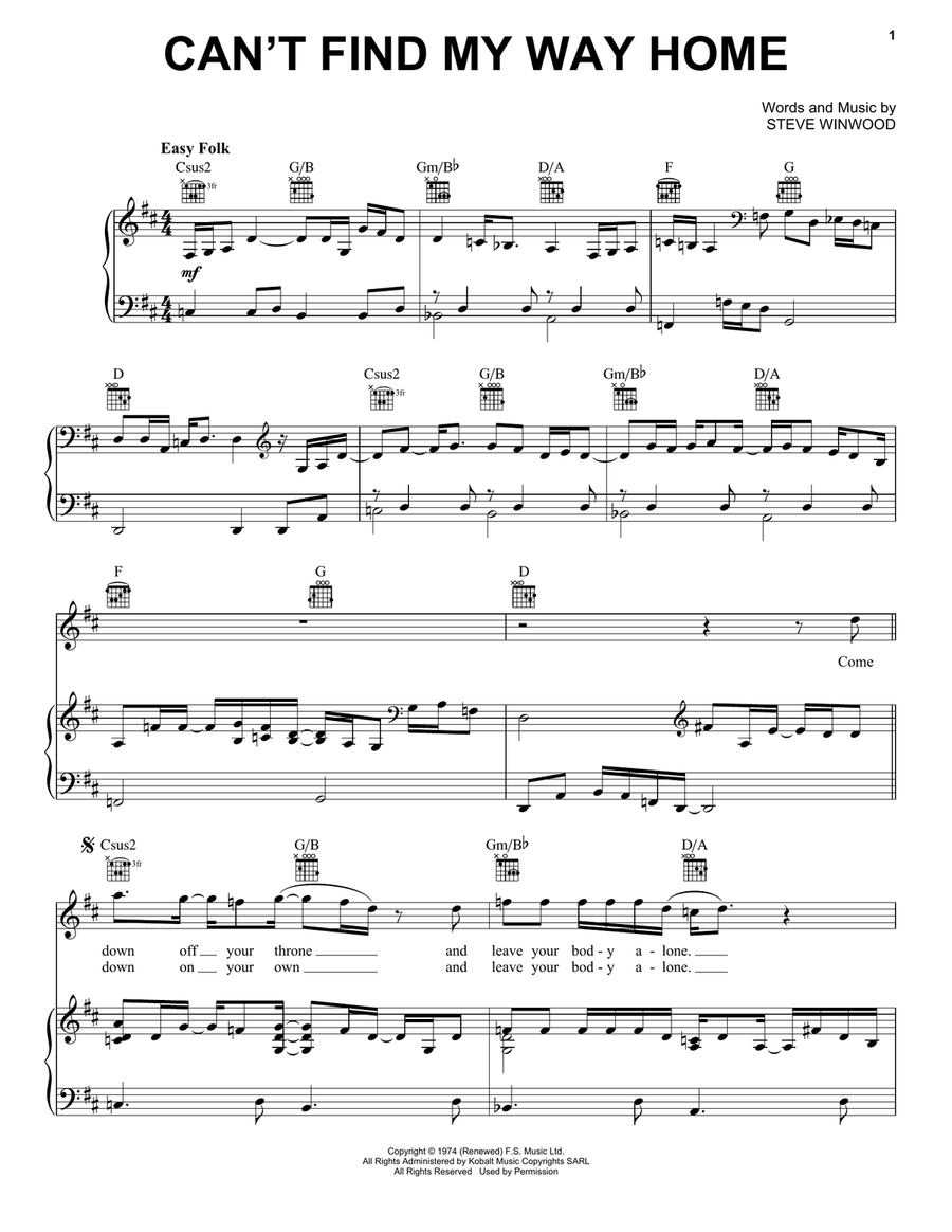 Can't Find My Way Home Piano, Vocal, Guitar scores gallery preview page 1