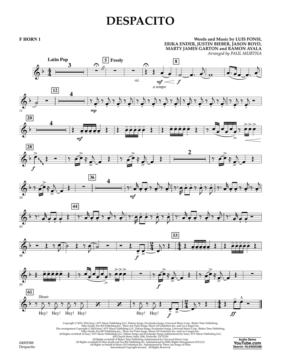Despacito (arr. Paul Murtha) - F Horn 1 Concert Band scores gallery preview page 1