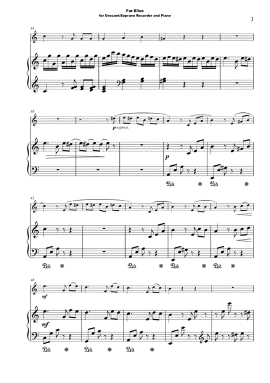 Für Elise, for Descant or Soprano Recorder and Piano Soprano Recorder scores gallery preview page 4
