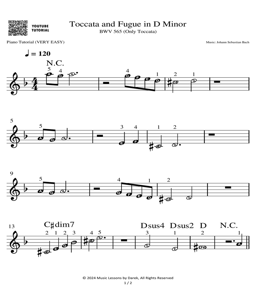 Toccata and Fugue in D Minor (BWV 565) (Only Toccata) - Johann Sebastian Bach [VERY EASY PIANO] Easy Piano scores gallery preview page 1