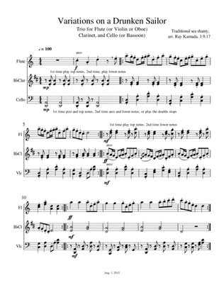 Drunken Sailor Theme and Variations, Trio for Flute (or Violin or Oboe), Clarinet, and Cello (or Bas