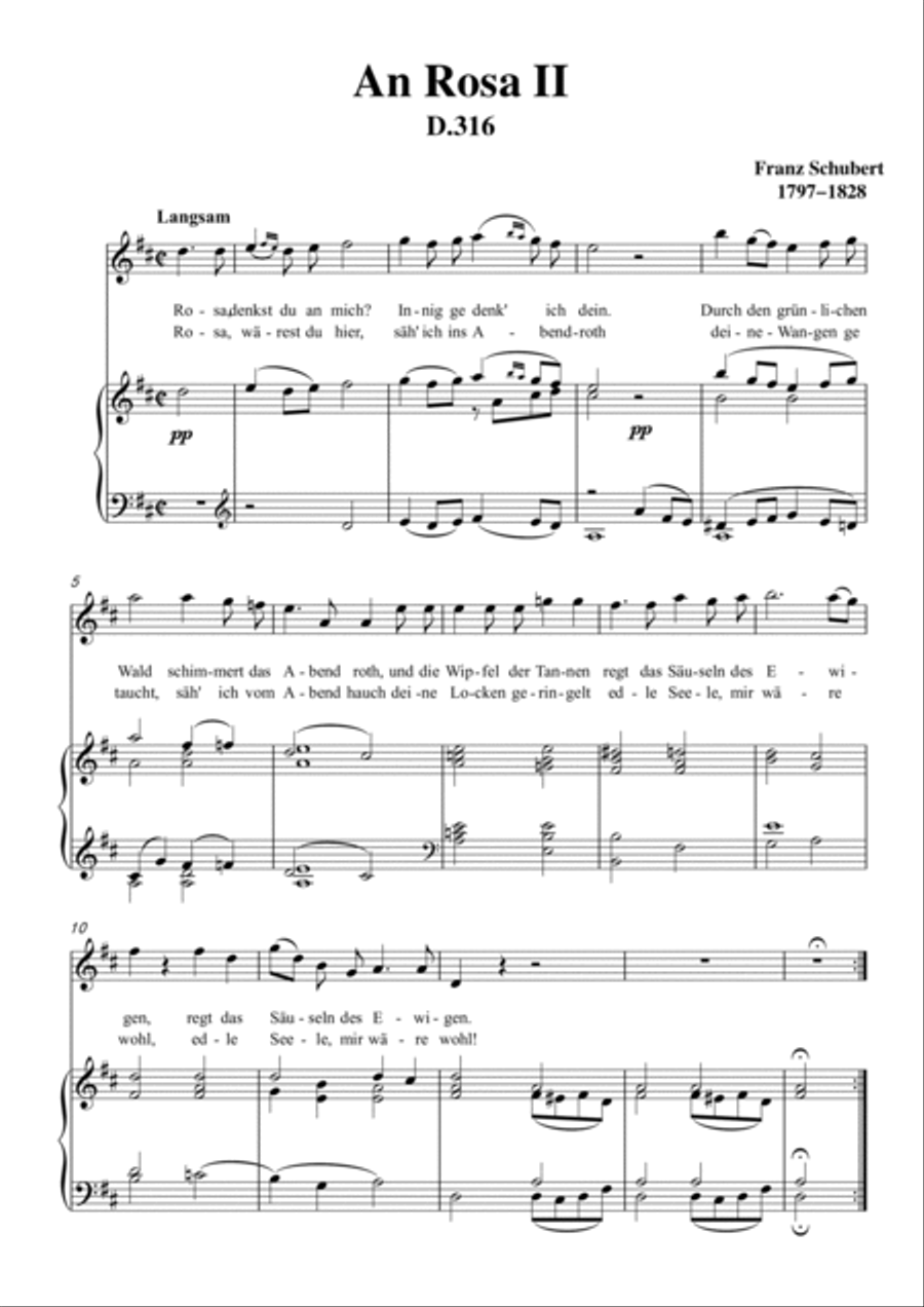 Schubert-An Rosa II (To Rosa),D.316 in D for Vocal and Piano Voice scores gallery preview page 2