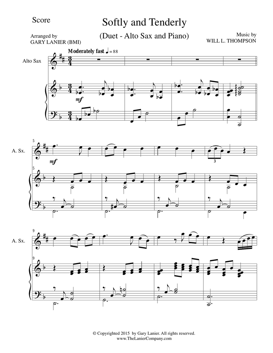 SOFTLY AND TENDERLY (Duet – Alto Sax and Piano/Score and Parts) Woodwind Duet scores gallery preview page 1