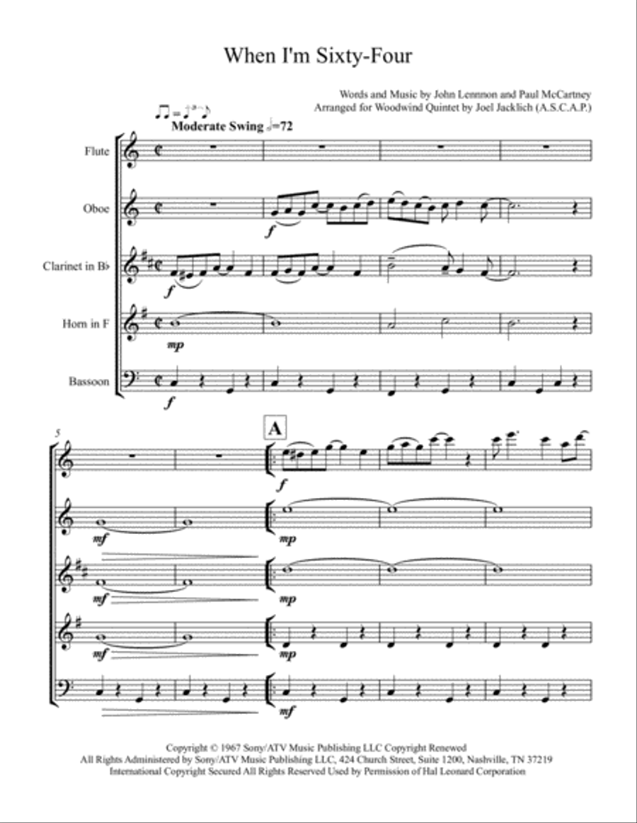 When I'm Sixty-Four Woodwind Quintet scores gallery preview page 2