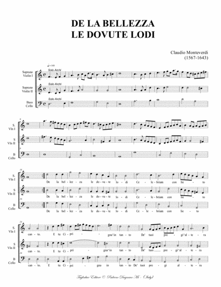 DE LA BELLEZZA LE DOVUTE LODI - C. Monteverdi - For SSB Choir (or STB) and Trio String image number null