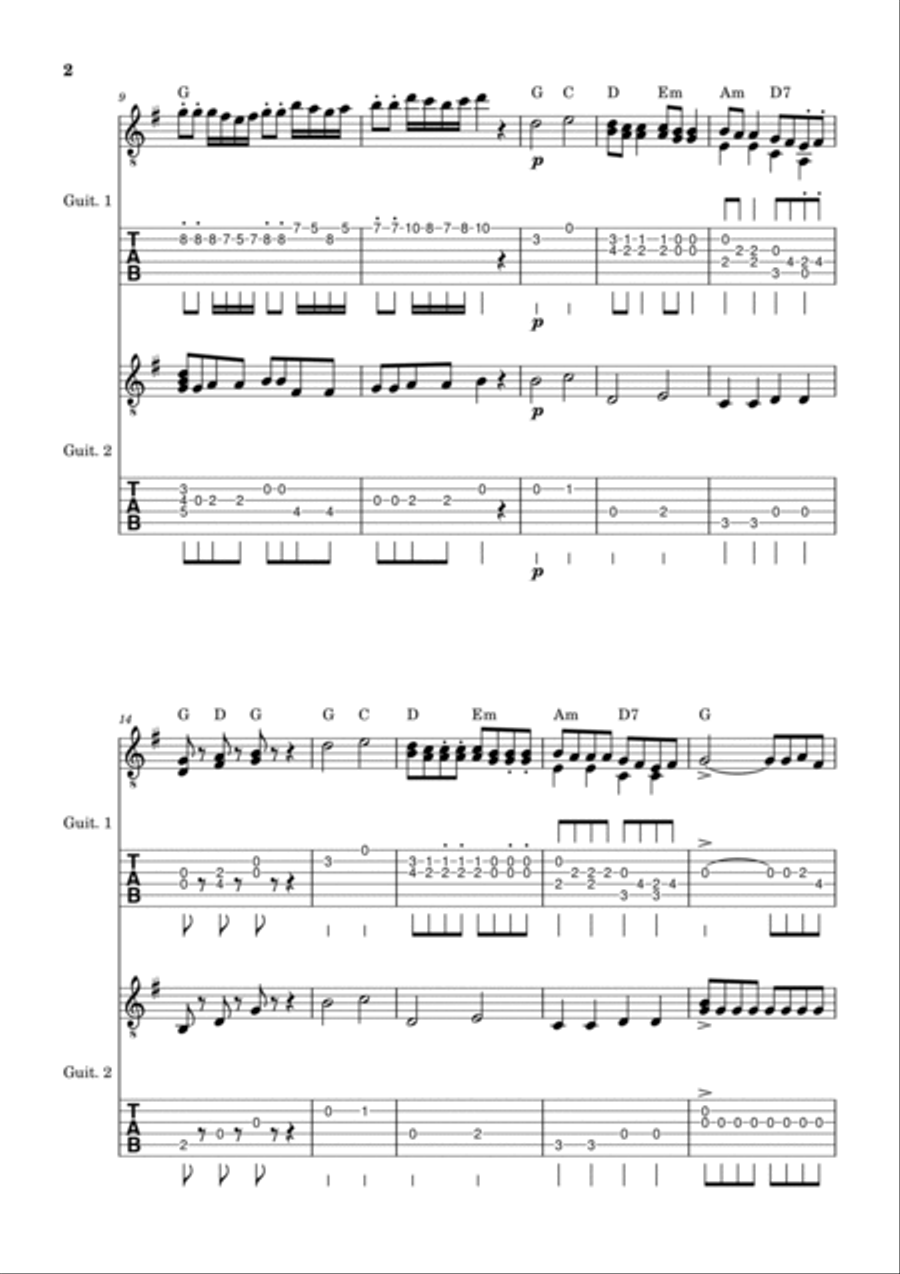 Eine Kleine Nachtmusik - guitar version w/ chords (tab + traditional notation) Guitar Ensemble scores gallery preview page 2