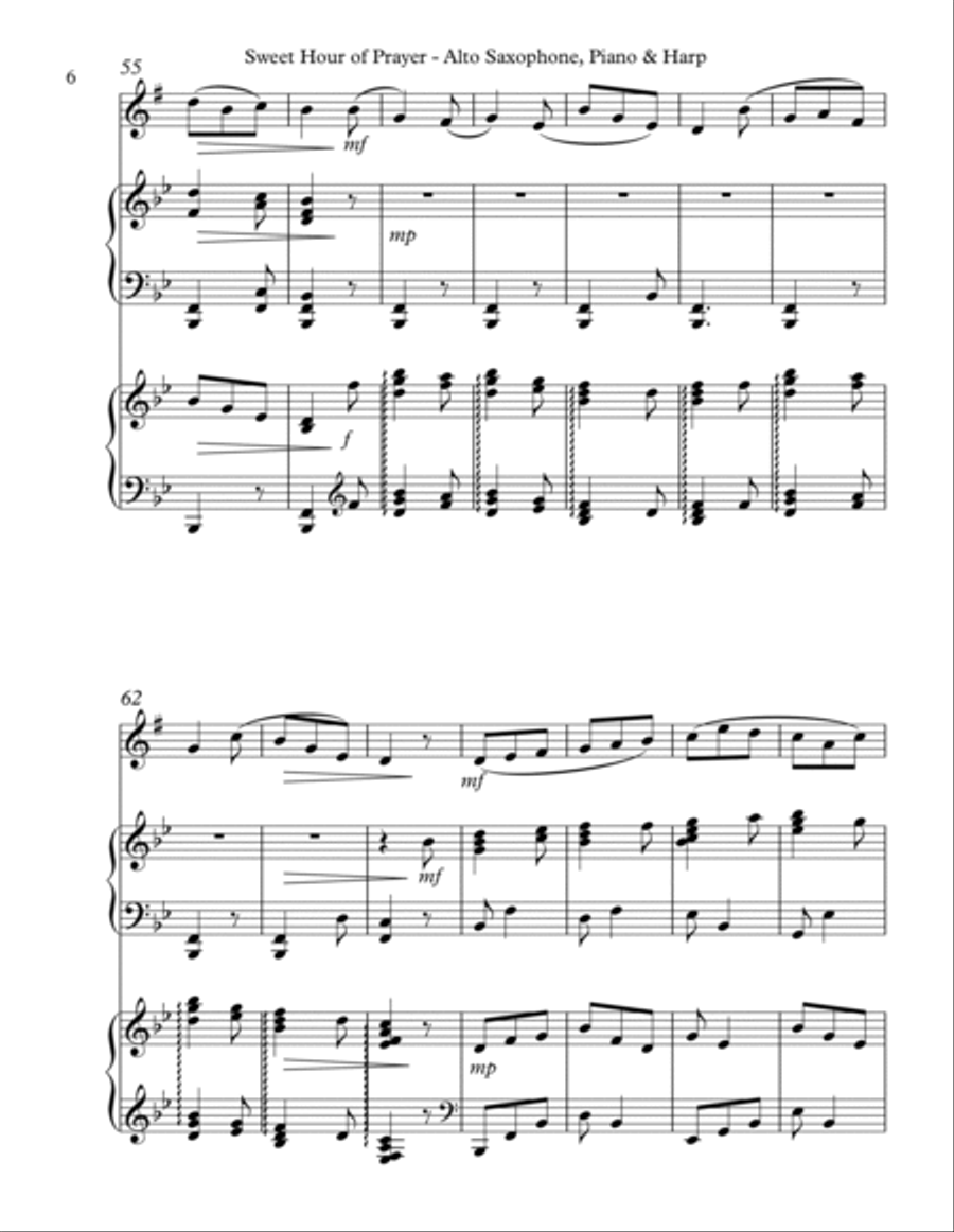 Sweet Hour of Prayer, Trio for Eb Alto Saxophone, Piano & Harp Alto Saxophone scores gallery preview page 6