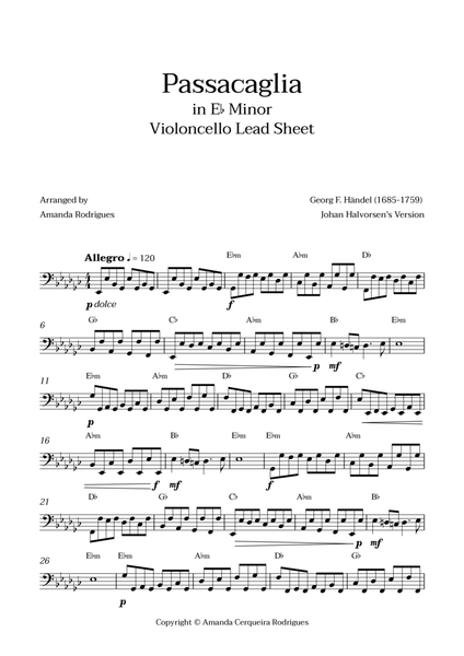 Passacaglia - Easy Cello Lead Sheet in Ebm Minor (Johan Halvorsen's Version) image number null