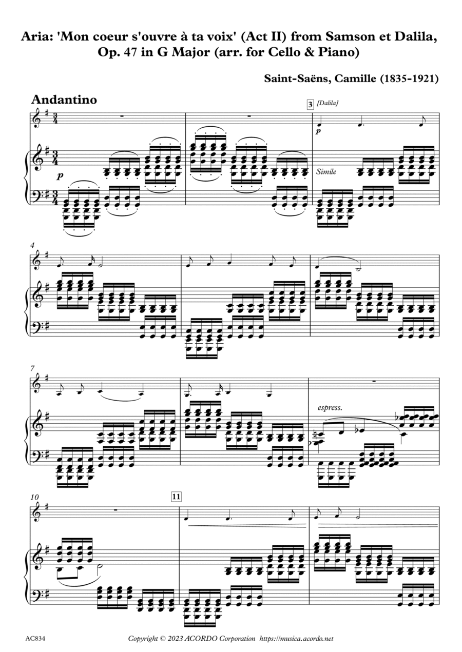 Aria: 'Mon coeur s'ouvre à ta voix' from Samson et Dalila, Op. 47 in G Major (for Cello & Piano) Piano scores gallery preview page 1