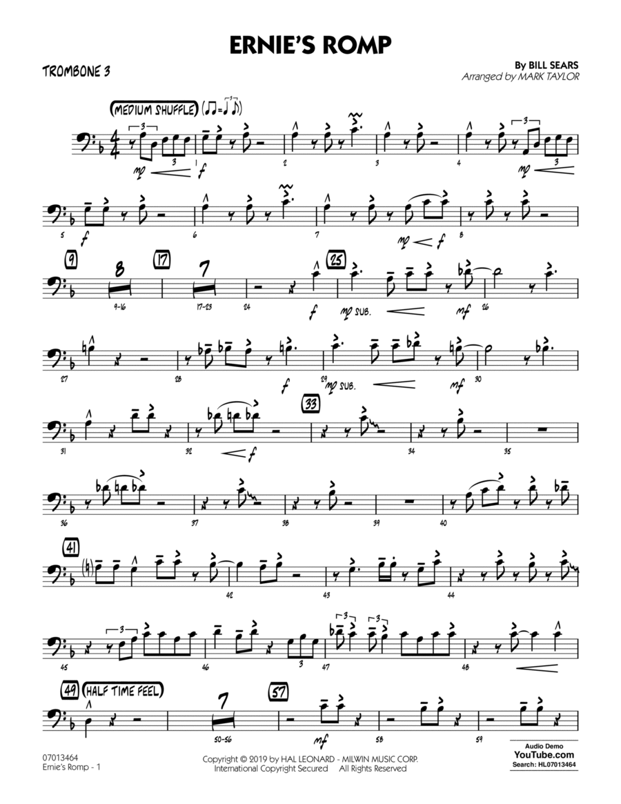 Ernie's Romp (arr. Mark Taylor) - Trombone 3 Jazz Ensemble scores gallery preview page 1