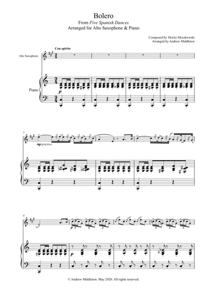 Bolero from Five Spanish Dances arranged for Alto Saxophone and Piano image number null