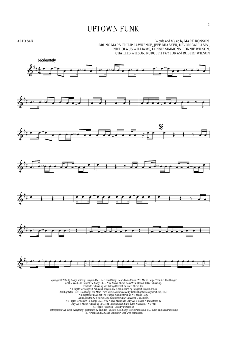 Uptown Funk (feat. Bruno Mars) Alto Saxophone scores gallery preview page 1