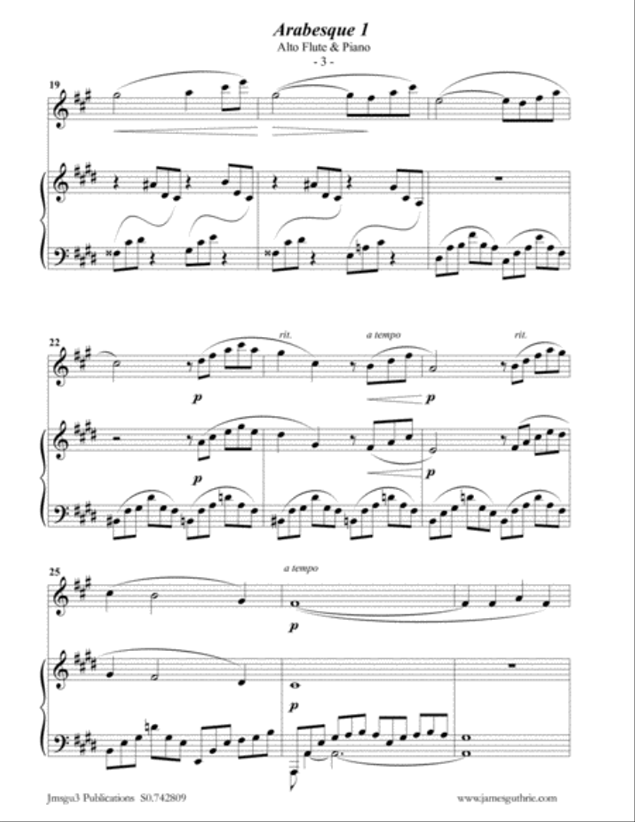 Debussy: Two Arabesques for Alto Flute & Piano Flute Solo scores gallery preview page 3