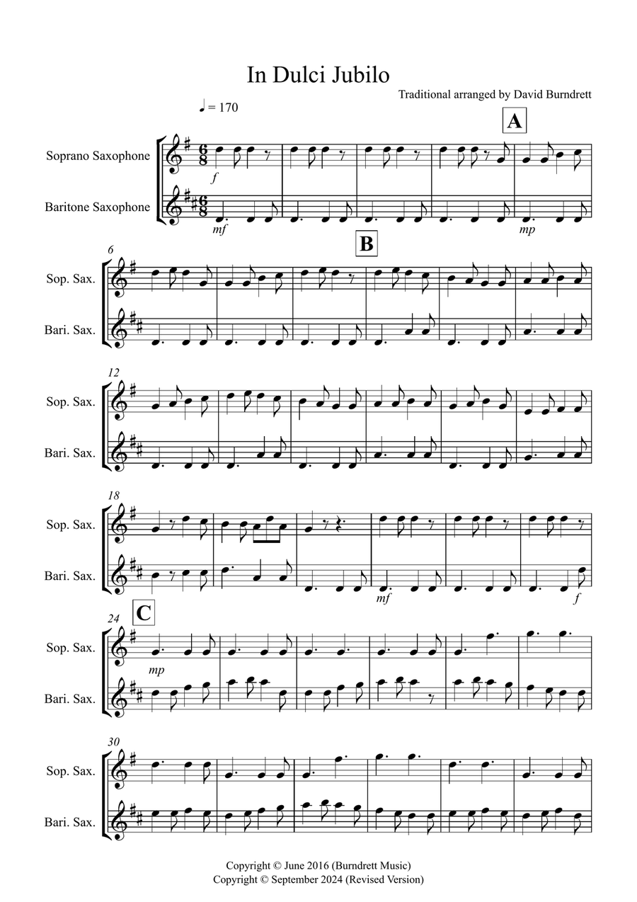 Book cover for In Dulci Jubilo for Soprano and Baritone Saxophone Duet