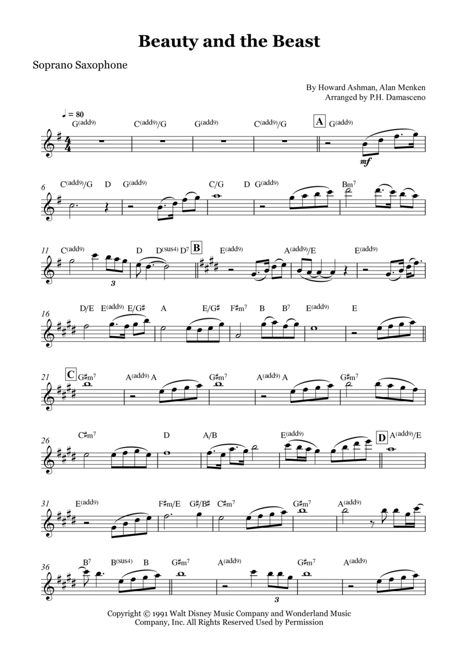 Beauty And The Beast Soprano Saxophone scores gallery preview page 1