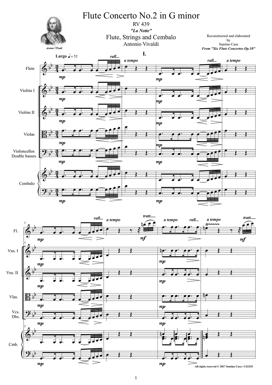 Vivaldi - Flute Concerto No.2 in G minor 'La Notte' Op.10 RV 439 for Flute, Strings and Cembalo Chamber Orchestra scores gallery preview page 1