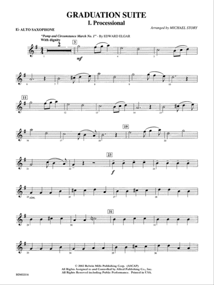 Graduation Suite (Processional: Pomp and Circumstance March No. 1 / Recessional: Rondeau from Premiere Suite): E-flat Alto Saxophone Concert Band scores gallery preview page 1