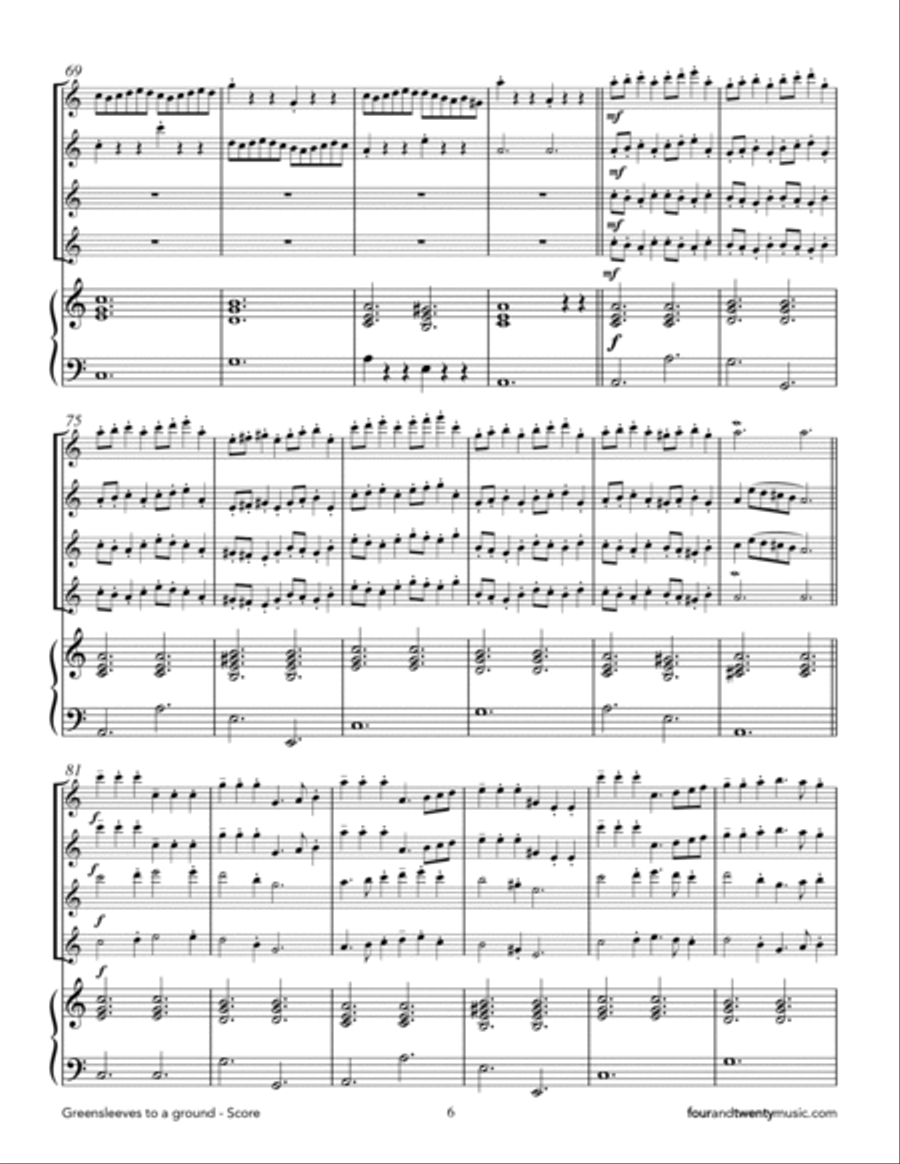 Greensleeves to Ground, arranged for 4 flutes and piano Flute Solo scores gallery preview page 6