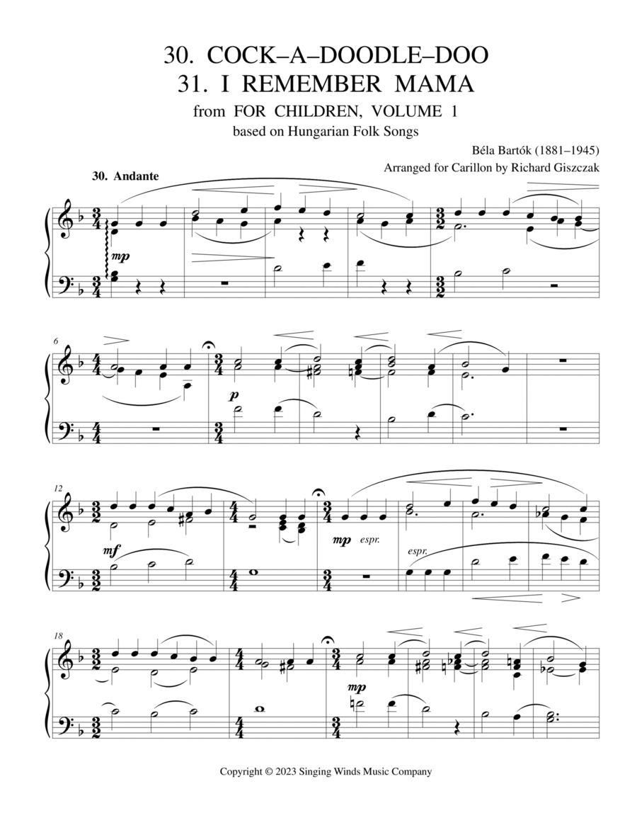 For Children, Volume 1: 30. Cock-a-Doodle-Doo, 31. I Remember Mama Carillon scores gallery preview page 1
