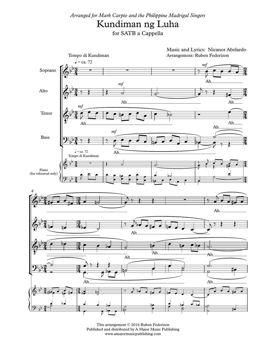 Kundiman ng Luha. A Filipino love song, SATB a-cappella 4-Part scores gallery preview page 2