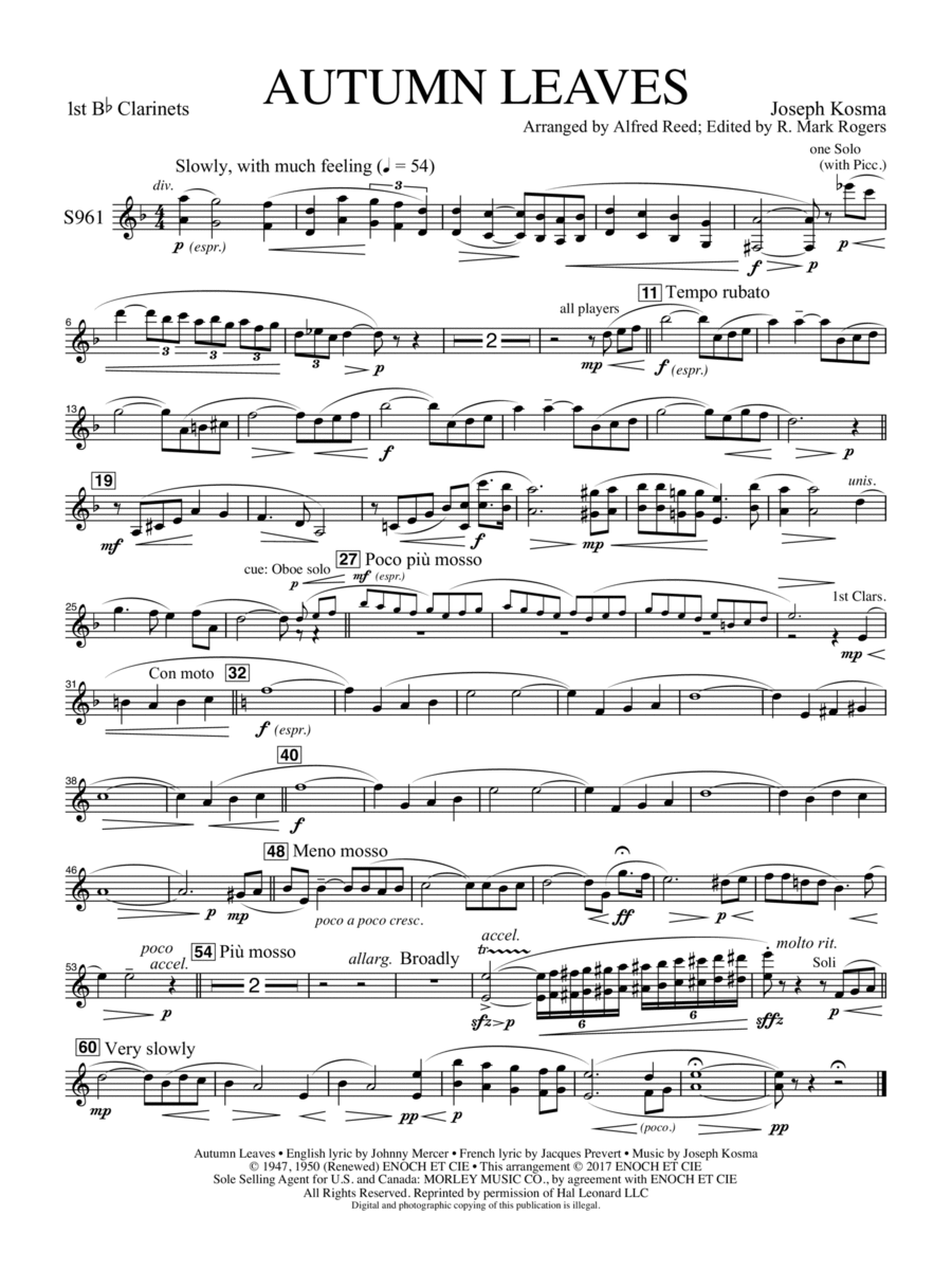 Autumn Leaves (Les feuilles mortes) - Clarinet 1 Concert Band scores gallery preview page 1