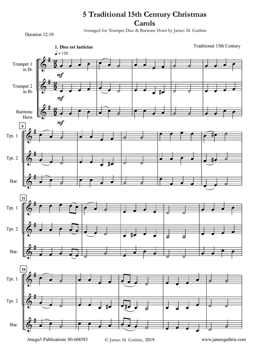 5 Traditional 15th Century Christmas Carols for Trumpet Duo & Baritone Horn Brass Duet scores gallery preview page 1
