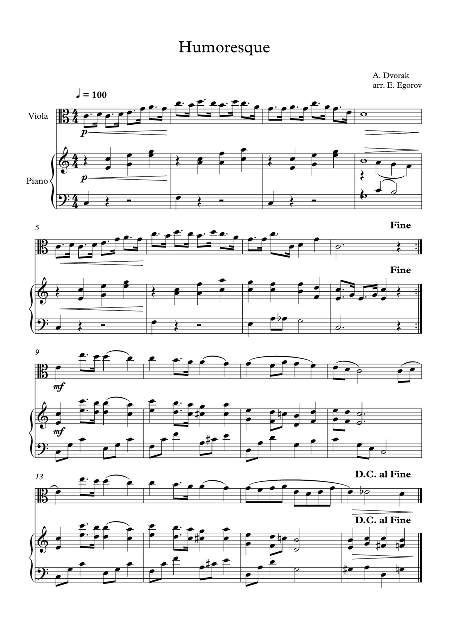 Humoresque, Antonin Dvorak, For Viola & Piano Viola scores gallery preview page 1